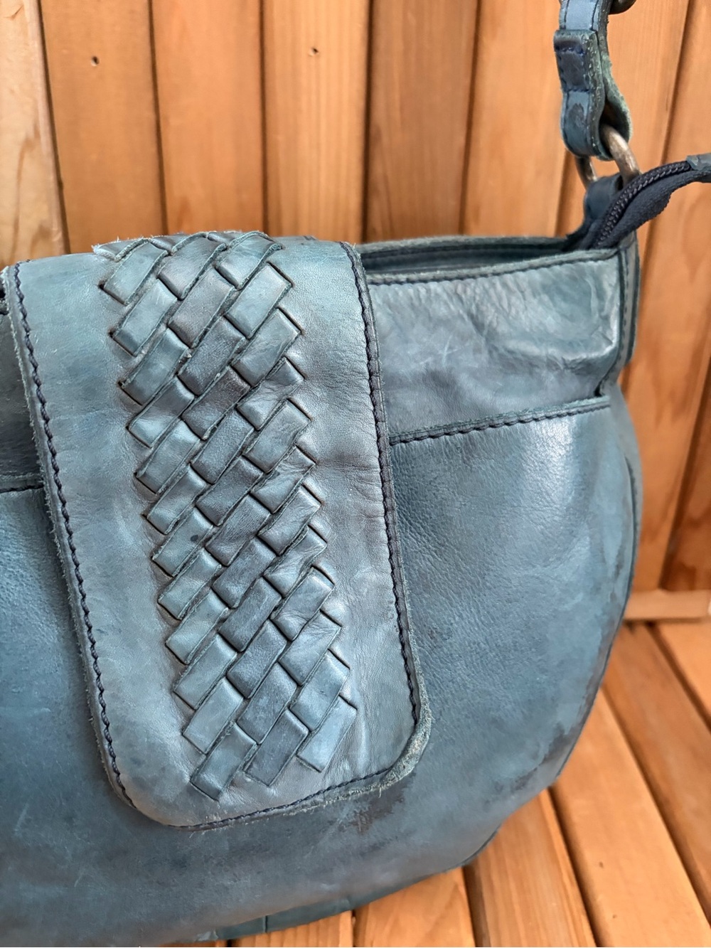 Italian Top Grain Leather Crossbody Bag Blue Woven Flap Boho Vintage Inspired - Picture 3 of 11